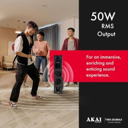 Akai TWS-503Max, 50 Watt Tower Speaker with Deep Bass Subwoofer, Remote and Karoke Compatible, Black