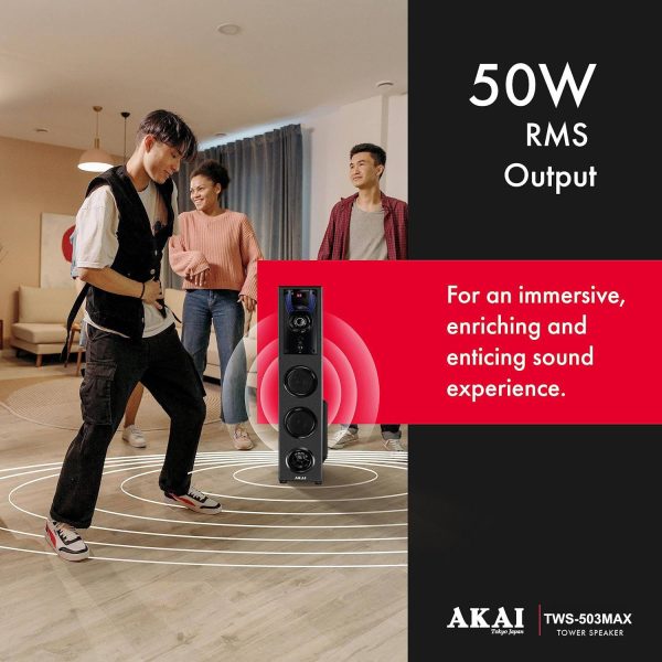 Akai TWS-503Max, 50 Watt Tower Speaker with Deep Bass Subwoofer, Remote and Karoke Compatible, Black