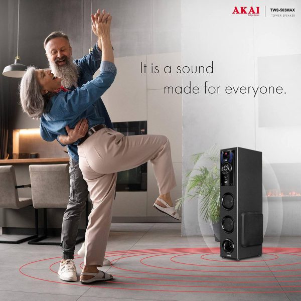Akai TWS-503Max, 50 Watt Tower Speaker with Deep Bass Subwoofer, Remote and Karoke Compatible, Black