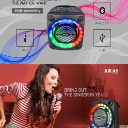 Akai PM-40P, 40 Watt Wireless Bluetooth Party Speaker with Dynamic Light Show, 6 Hour Playtime and Karoke Support with wired mic, Black