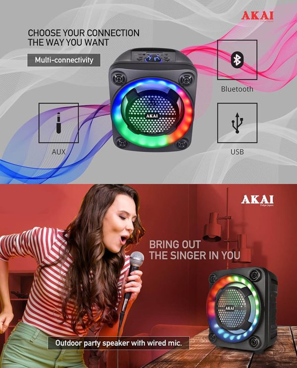Akai PM-40P, 40 Watt Wireless Bluetooth Party Speaker with Dynamic Light Show, 6 Hour Playtime and Karoke Support with wired mic, Black