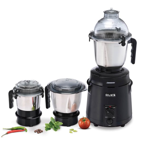 Sujata Dynamix, 900 Watt 3 Jar Mixer Grinder with 22000 RPM, Double Ball Bearing and Rust Free Stainless Steel Jar, Black