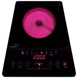 V-Guard VIRC02, 2000 Watt Infrared Induction Cooktop with Digital Display, BBQ Grill, Child Lock Function, Compatible for all cooking vessel and Feather Touch Control, Black