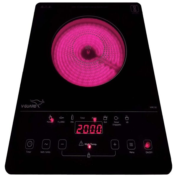 V-Guard VIRC02, 2000 Watt Infrared Induction Cooktop with Digital Display, BBQ Grill, Child Lock Function, Compatible for all cooking vessel and Feather Touch Control, Black