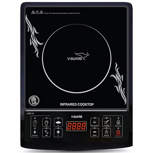 Vguard VIRC01, 2000 Watt Infrared Induction Cooktop with Digital Display, BBQ Grill, Child Lock Function, Compatible for all cooking vessel and Push Button, Black