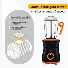 V-Guard Insignia, 750 Watt 3 Jar Mixer Grinder with Stainless Steel Jars, Hands Free Lid Lock and Spiral Duct Cooling System, Orange/Black