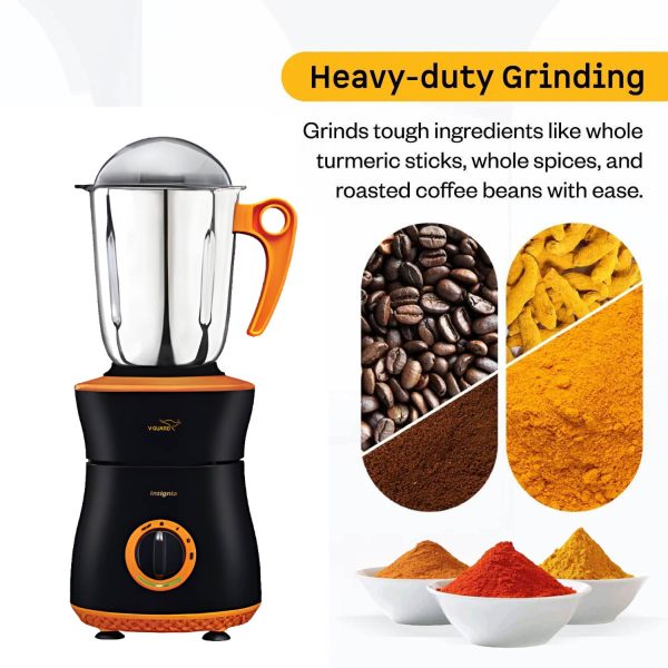V-Guard Insignia, 750 Watt 3 Jar Mixer Grinder with Stainless Steel Jars, Hands Free Lid Lock and Spiral Duct Cooling System, Orange/Black