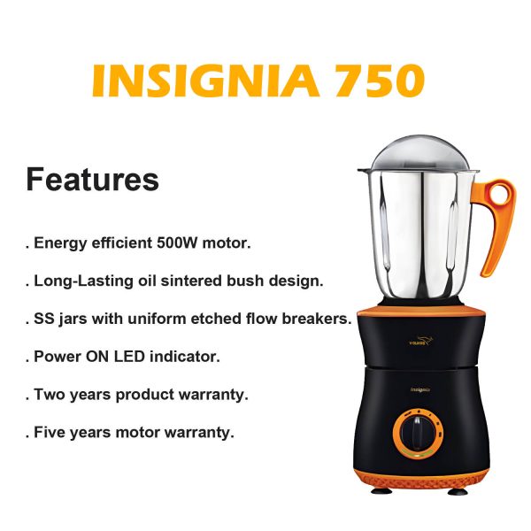 V-Guard Insignia, 750 Watt 3 Jar Mixer Grinder with Stainless Steel Jars, Hands Free Lid Lock and Spiral Duct Cooling System, Orange/Black
