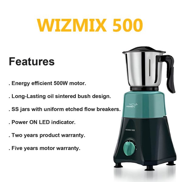 V-Guard Wizmix, 3 Jar Mixer Grinder with Oil Sintered Bush Design, Stainless Steel Jars, Five year motor warranty