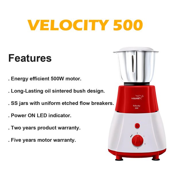V-Guard Velocity, 500 Watt 3 Jar Mixer Grinder with Stainless Steel Jars, Compact Foot Print and 3 years Motor Warranty, Red/White