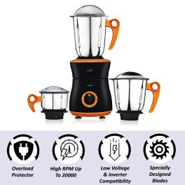 V-Guard Insignia, 750 Watt 3 Jar Mixer Grinder with Stainless Steel Jars, Hands Free Lid Lock and Spiral Duct Cooling System, Orange/Black