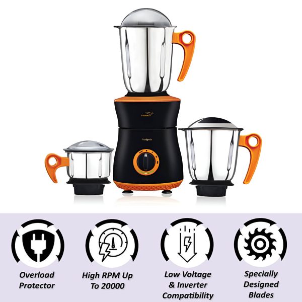 V-Guard Insignia, 750 Watt 3 Jar Mixer Grinder with Stainless Steel Jars, Hands Free Lid Lock and Spiral Duct Cooling System, Orange/Black
