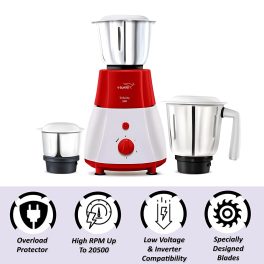 V-Guard Velocity, 500 Watt 3 Jar Mixer Grinder with Stainless Steel Jars, Compact Foot Print and 3 years Motor Warranty, Red/White