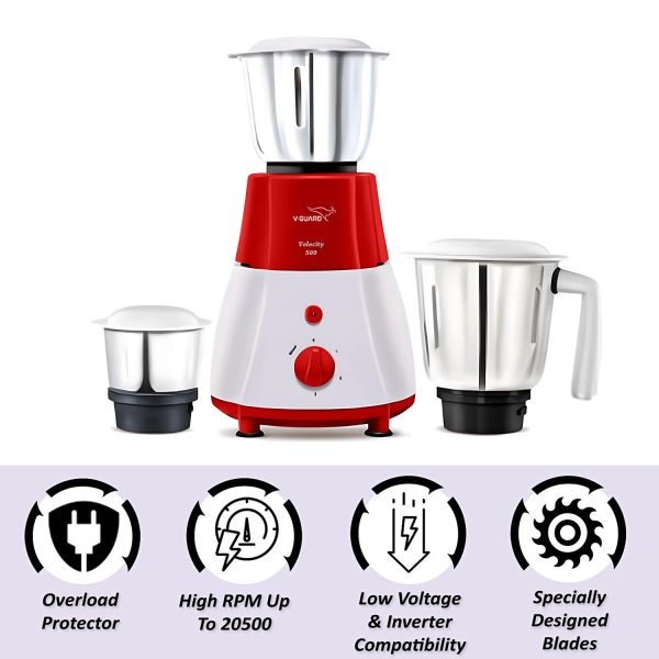 V-Guard Velocity, 500 Watt 3 Jar Mixer Grinder with Stainless Steel Jars, Compact Foot Print and 3 years Motor Warranty, Red/White