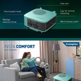 Crompton Insta Comfort, 2000 Watts Room Heater with Adjustable Thermostat, Hyrbid Cyan and Blower Fan, Blue