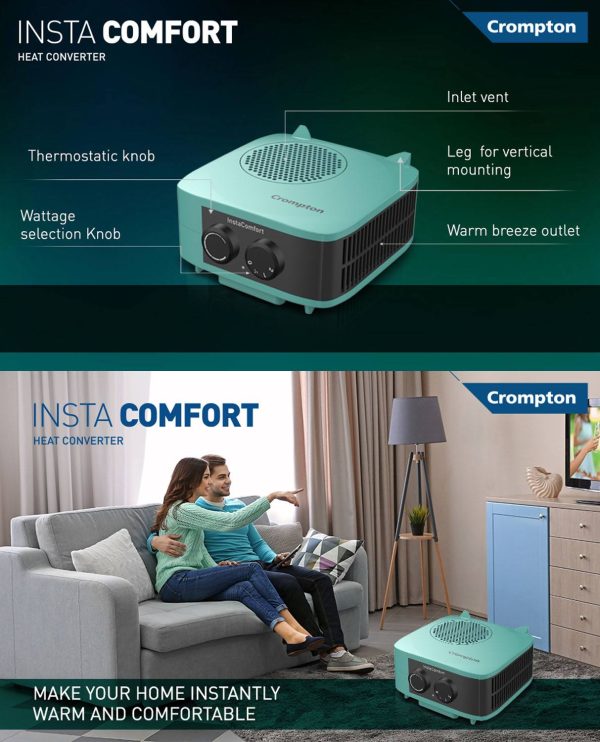 Crompton Insta Comfort, 2000 Watts Room Heater with Adjustable Thermostat, Hyrbid Cyan and Blower Fan, Blue