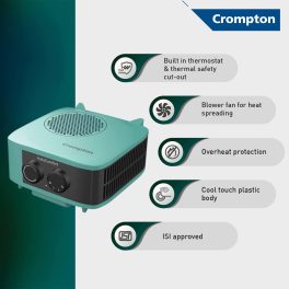 Crompton Insta Comfort, 2000 Watts Room Heater with Adjustable Thermostat, Hyrbid Cyan and Blower Fan, Blue