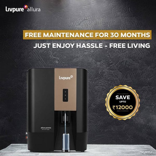 Livpure Allura Premia, RO+UV+UF+Copper+Mineraliser with 10 Stage Advanced Purification, 7 Litre Storage and no service cost for 2.5 Years, Black