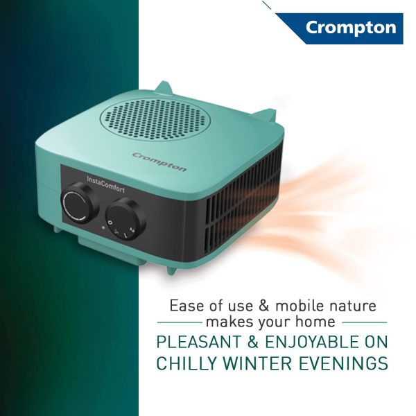 Crompton Insta Comfort, 2000 Watts Room Heater with Adjustable Thermostat, Hyrbid Cyan and Blower Fan, Blue