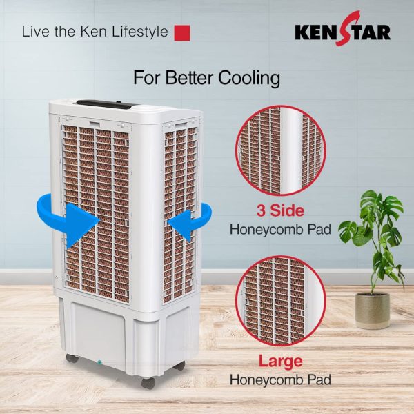 Kenstar Turbcool Neo HC, 70 Litre Desert Air Cooler with 3 Side HoneyComb Pads, Motorised Louvre Movement, Powerful Fan and Inverter Compatible, White