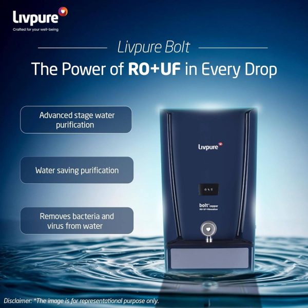 Livpure Bolt+Copper RO+UF+Mineraliser with 80% Water Saving, 7 Litre Storage Tank, Suitable for Municipal Water and Goodness of Natural Copper, Blue
