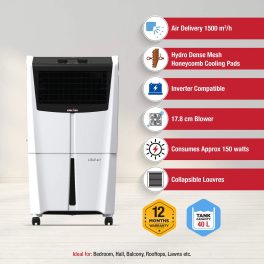 Kenstar Chill HC 40, 40 Litre Personal Air Cooler with 17.8cm Blower, Inverter Compatible, Honeycomb Pads and Auto Swing, White/Black