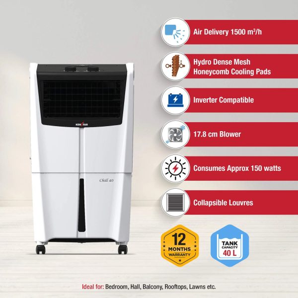 Kenstar Chill HC 40, 40 Litre Personal Air Cooler with 17.8cm Blower, Inverter Compatible, Honeycomb Pads and Auto Swing, White/Black