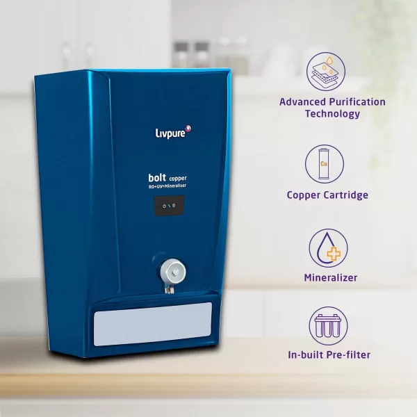Livpure Bolt+Copper RO+UF+Mineraliser with 80% Water Saving, 7 Litre Storage Tank, Suitable for Municipal Water and Goodness of Natural Copper, Blue