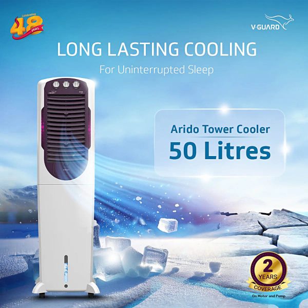 V-Guard Aikido 50L Tower Air Cooler with Honeycomb Pads & 4D Air Circulation, White
