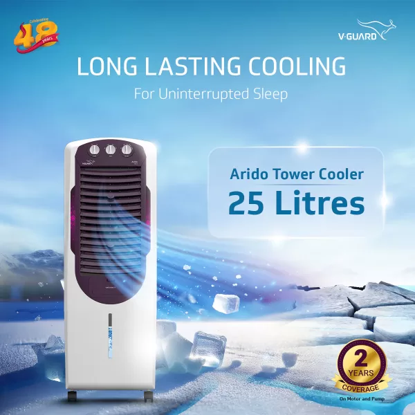 V-Guard Aikido 25L Tower Air Cooler with Honeycomb Pads & 4D Air Circulation, White