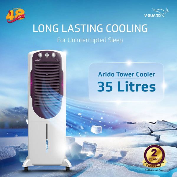 V-Guard Arido 35L Tower Air Cooler with Honeycomb Pads and 4D Air Circulation ,White