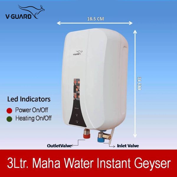 Vgaurd Maha, 3L Instant Water Heater with 6.5 Bar Pressure, Stainless Steel Material, Auto Cut-off System and LED Indicators, White