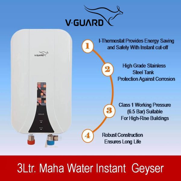 Vgaurd Maha, 3L Instant Water Heater with 6.5 Bar Pressure, Stainless Steel Material, Auto Cut-off System and LED Indicators, White
