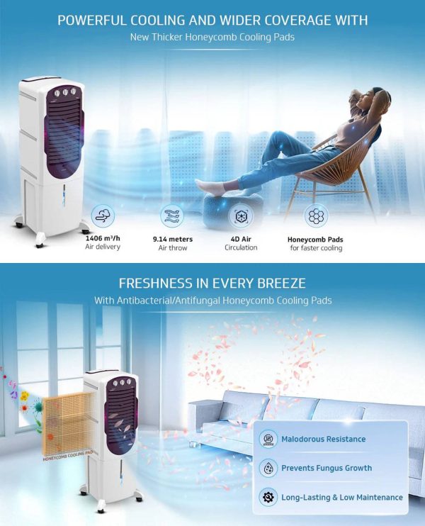 V-Guard Arido 35L Tower Air Cooler with Honeycomb Pads and 4D Air Circulation ,White