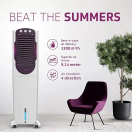 V-Guard Aikido 50L Tower Air Cooler with Honeycomb Pads & 4D Air Circulation, White