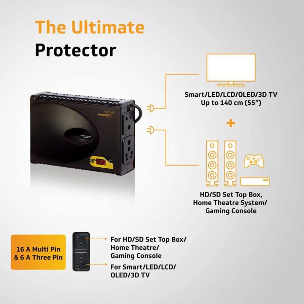 Vguard VG Crystal, Stabilizer for 43Inch TV with Built in Thermal Overload Protection, Primary Switching Technology and Output Voltage Correction without break, Black