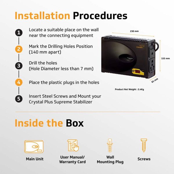 Vguard VG Crystal, Stabilizer for 43Inch TV with Built in Thermal Overload Protection, Primary Switching Technology and Output Voltage Correction without break, Black