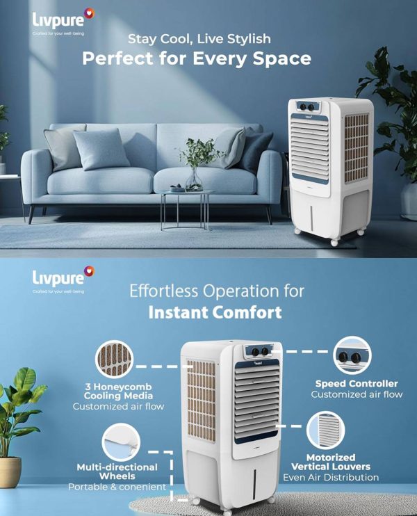 Livpure Coolmist 48L Personal Air Cooler with Honeycomb Pads & Ice Chamber, White