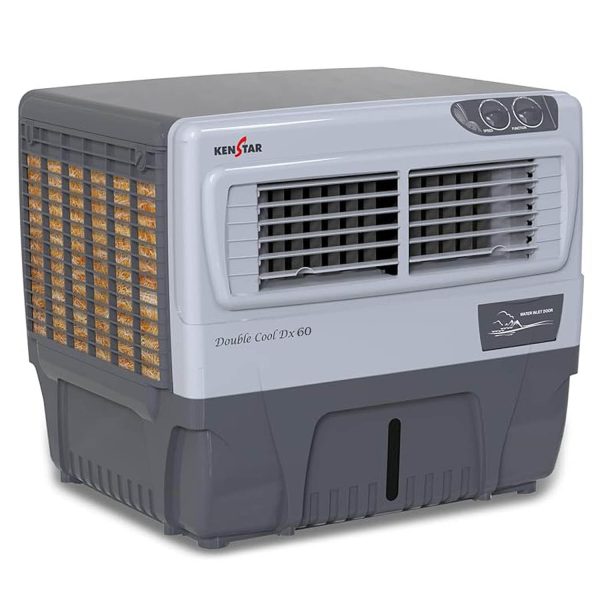 Kenstar Double Cool, 60 Litre Window Cooler with 3 Side Wood Wool Cooling Pads, Collapsible Louvres and Powerful Blower, White/Grey