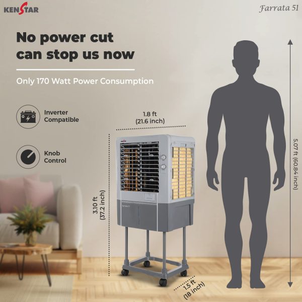 Kenstar Faratta 51 L, Personal Air Cooler with Quadraflow Technology, Double Ball Bearing Motor, 3 Wood Wool Cooling Pads and Powerful Fan, Grey