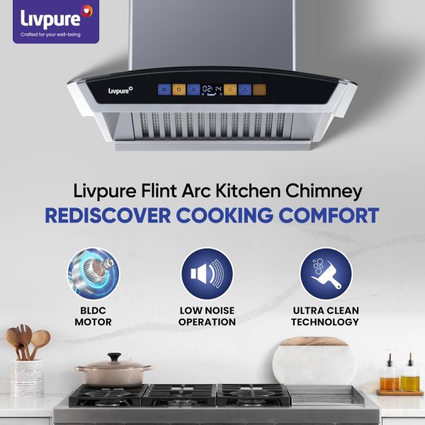 Livpure Flint Arc BLDC, 60 CM Chimney with Digital Touch, Motion Sensor, Autoclean, BLDC Motor and 9 Speed Control, Black