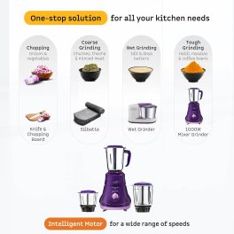 Vguard Turbogrind, 500 Watt 3 Mixer Grinder with Stainless Steel Jars, Sintered bush design and 2 year Warranty, Purple