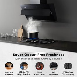 Haier HIH-V60HM-C, 60 CM Vertical Chimney with Powerful Suction, Gesture Control, Heat Auto Clean and Filterless Technology, Black
