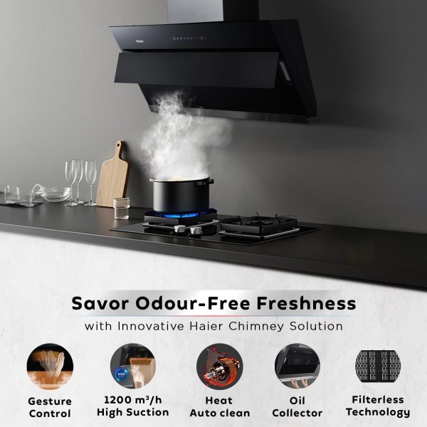 Haier HIH-V60HM-C, 60 CM Vertical Chimney with Powerful Suction, Gesture Control, Heat Auto Clean and Filterless Technology, Black