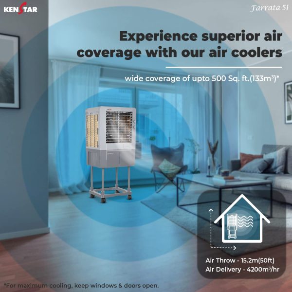 Kenstar Faratta 51 L, Personal Air Cooler with Quadraflow Technology, Double Ball Bearing Motor, 3 Wood Wool Cooling Pads and Powerful Fan, Grey