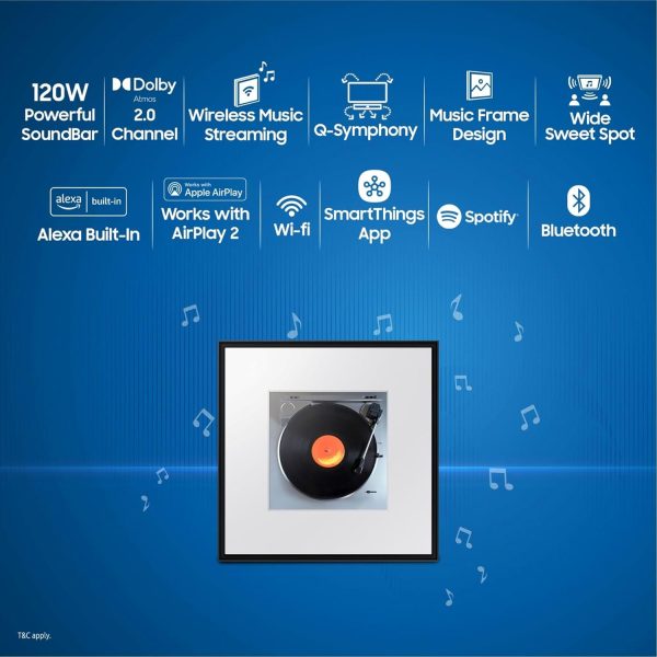 Samsung HW-LS60D, 120 Watt 2.0 Channel Music Frame with Dolby Atmos Soundbar, Wireless Music Streaming, Tap Sound Feature and Voice Assistant, Black