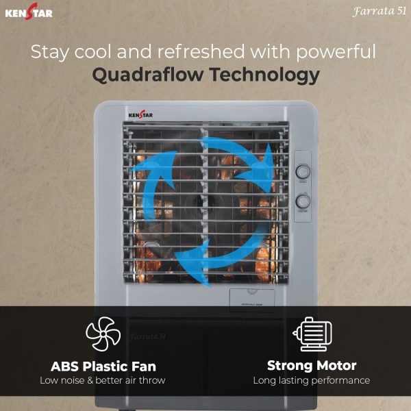 Kenstar Faratta 51 L, Personal Air Cooler with Quadraflow Technology, Double Ball Bearing Motor, 3 Wood Wool Cooling Pads and Powerful Fan, Grey