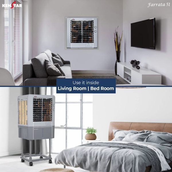 Kenstar Faratta 51 L, Personal Air Cooler with Quadraflow Technology, Double Ball Bearing Motor, 3 Wood Wool Cooling Pads and Powerful Fan, Grey