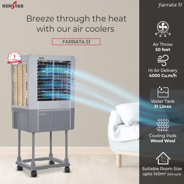 Kenstar Faratta 51 L, Personal Air Cooler with Quadraflow Technology, Double Ball Bearing Motor, 3 Wood Wool Cooling Pads and Powerful Fan, Grey