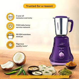 Vguard Turbogrind, 500 Watt 3 Mixer Grinder with Stainless Steel Jars, Sintered bush design and 2 year Warranty, Purple